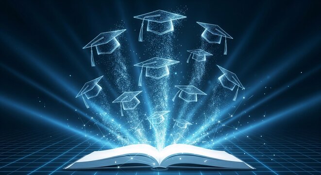 Conceptual illustration of glowing graduation caps emerging from an open book on a digital grid, symbolizing academic success and knowledge.