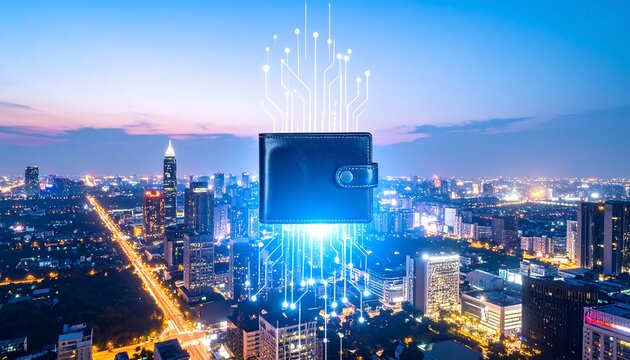 Wallet over city lights, digital circuit - Powered by Adobe