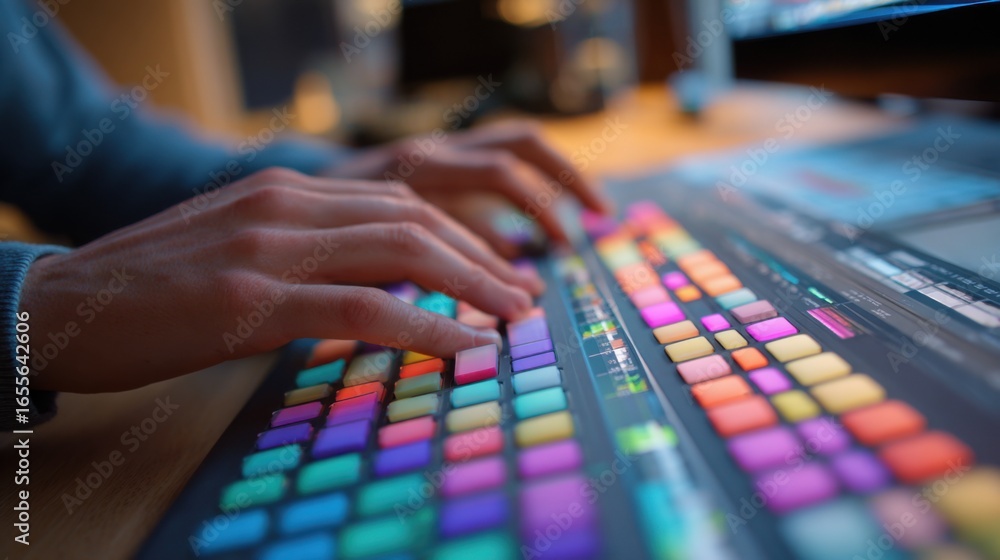 Poster hands glide over a colorful, backlit keyboard as a person works on video editing in a contemporary w