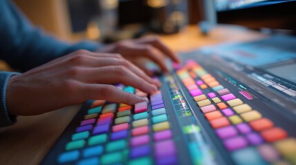 Hands glide over a colorful, backlit keyboard as a person works on video editing in a contemporary workspace filled with technology. The ambient light enhances productivity.