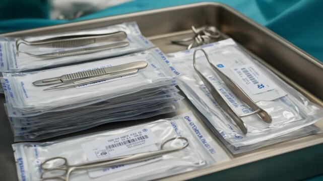 Medical tray with packed surgical instruments, scalpels, and forceps