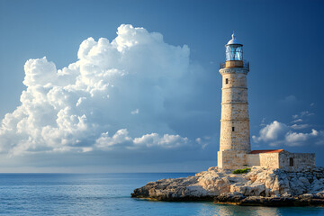 Naklejka premium Historic Pharos of Alexandria lighthouse, legendary wonder of ancient architecture, one of the Seven Wonders of the World, guiding ships safely into Mediterranean harbor of Egypt
