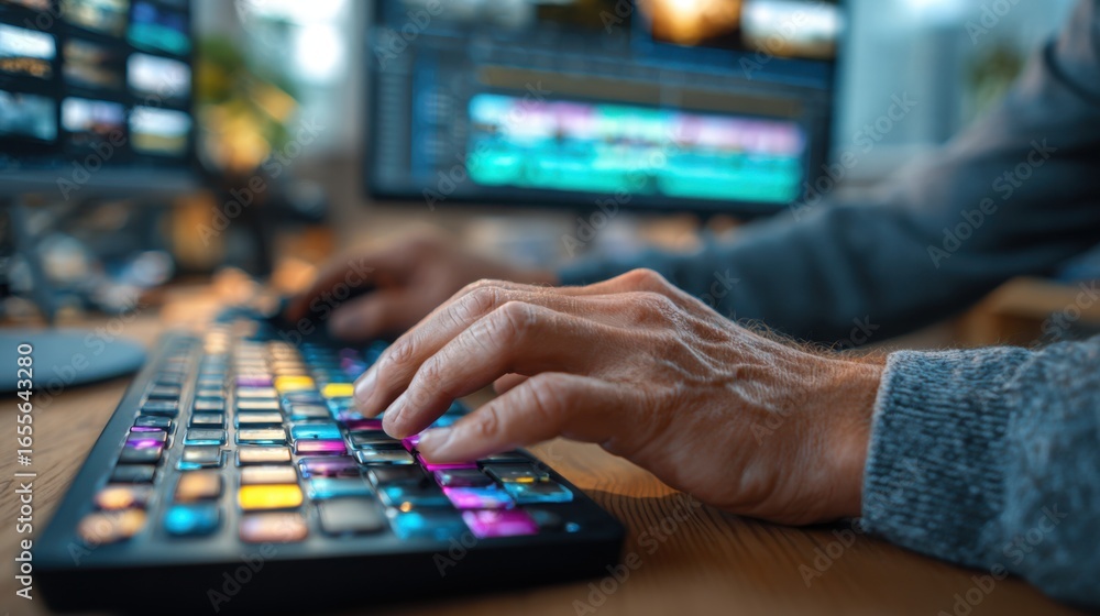 Poster a skilled individual works diligently on video editing using a vibrant keyboard in a contemporary wo