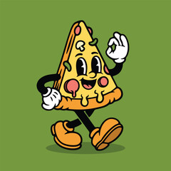 Cartoon Pizza Mascot Illustration, Retro Food Character, Funny Pizza Slice Vector Art