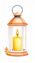 Watercolor Orange Lantern with Burning Candle and Small Leaves Decoration