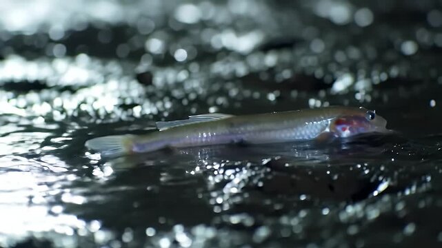 Single mudskipper on wet mud surface in sunlight, amphibious fish in tidal zone
