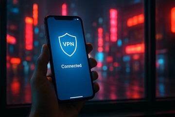 Hand Holding a Smartphone with a Glowing "VPN Connected" Shield Logo Against a Neon Cityscape