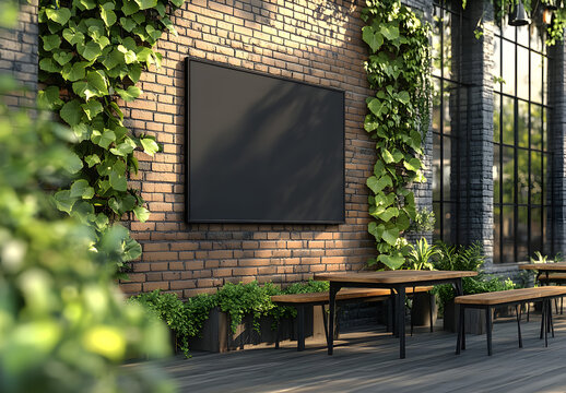 Mockup signage template with blank black square sign on craft beer bar building wall, exterior restaurant or pub branding concept, commercial storefront facade background