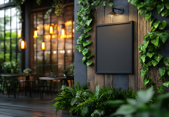 Blank black signage mockup on exterior wall of craft beer bar building, empty restaurant pub signboard template for branding design presentation, urban street storefront background