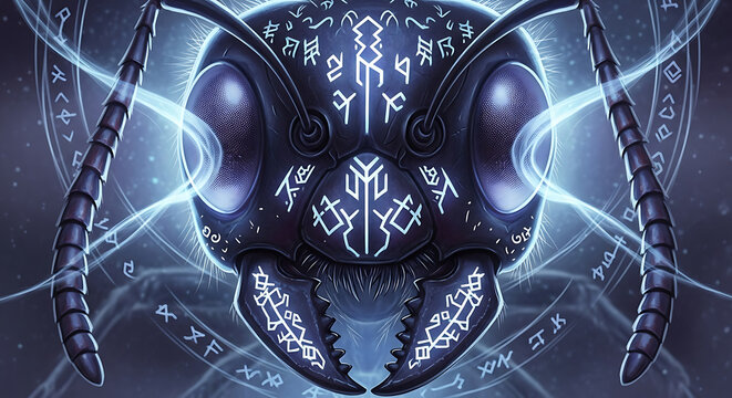 A formidable ant's head adorned with glowing mystical runes and surrounded by swirling ethereal energy.