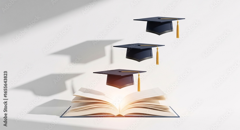 Poster glowing open book with floating graduation caps symbolizing knowledge and academic success on a whit