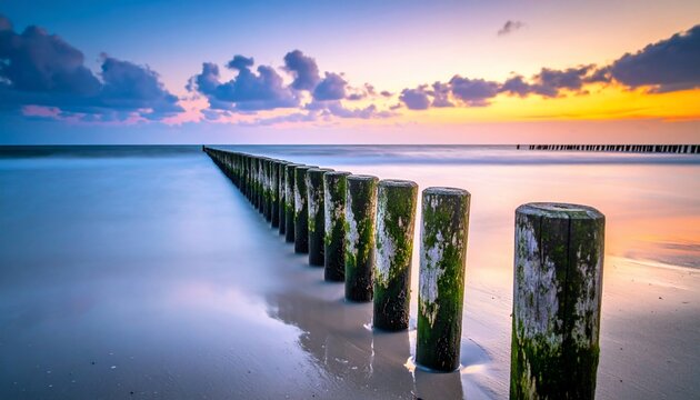 Scenic coastal sunset featuring wooden posts extending into the tranquil ocean waters