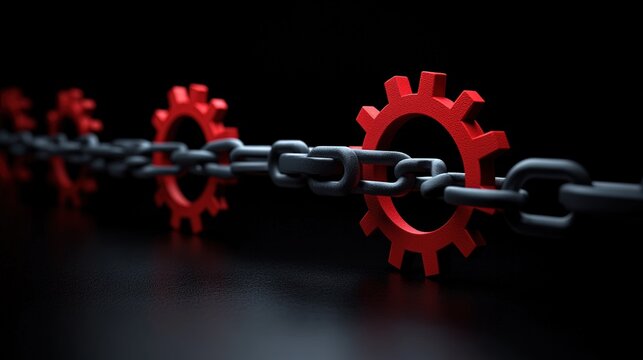 Vivid red cogwheels are connected by a strong dark grey chain stretching diagonally on a glossy black surface