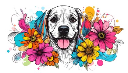 Happy dog portrait adorned with vibrant flowers and abstract splashes