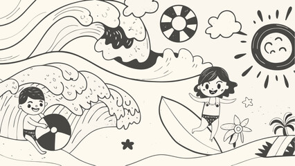 Illustration of a beach scene with waves, sun, children, surfboard, and summer vacation elements drawn in black and white