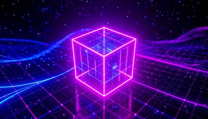 Glowing pink cube hovers above a gridded, wavy, blue surface