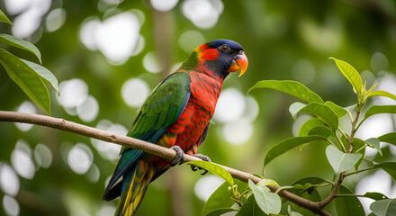 Vibrant Dusky Lory Perched on Branch: Tropical Wildlife