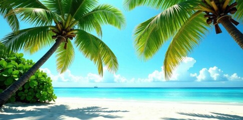 Lush green palms leaning over white sand beach , sky, coastal scene