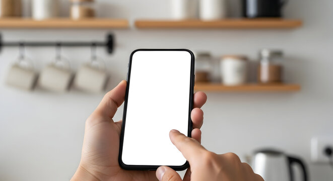 Hands holding smartphone with blank screen modern kitchen background app mockup design template mobile phone technology digital lifestyle communication internet wireless