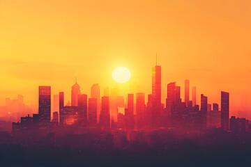 Obraz premium Extreme heatwave across urban cityscape, bright sun radiating intense heat, concept of global warming, climate change and environmental stress from urban heat island effect in modern cities