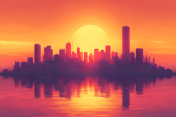 Fototapeta premium Blazing sun over hot city skyline during heatwave, climate change and global warming concept, urban heat island effect creating extreme summer temperatures in dense metropolitan environment