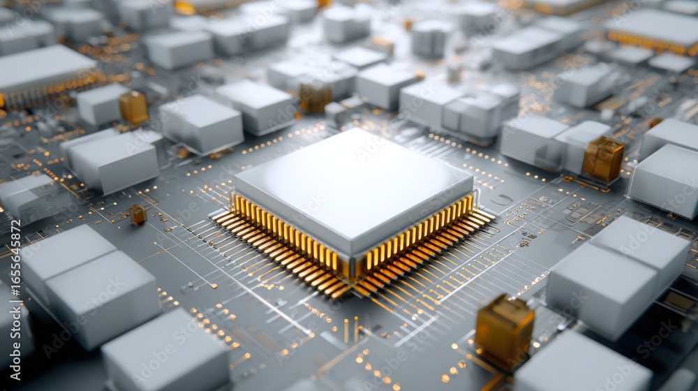 Poster a close-up view of a microprocessor surrounded by various electronic components on a circuit board s