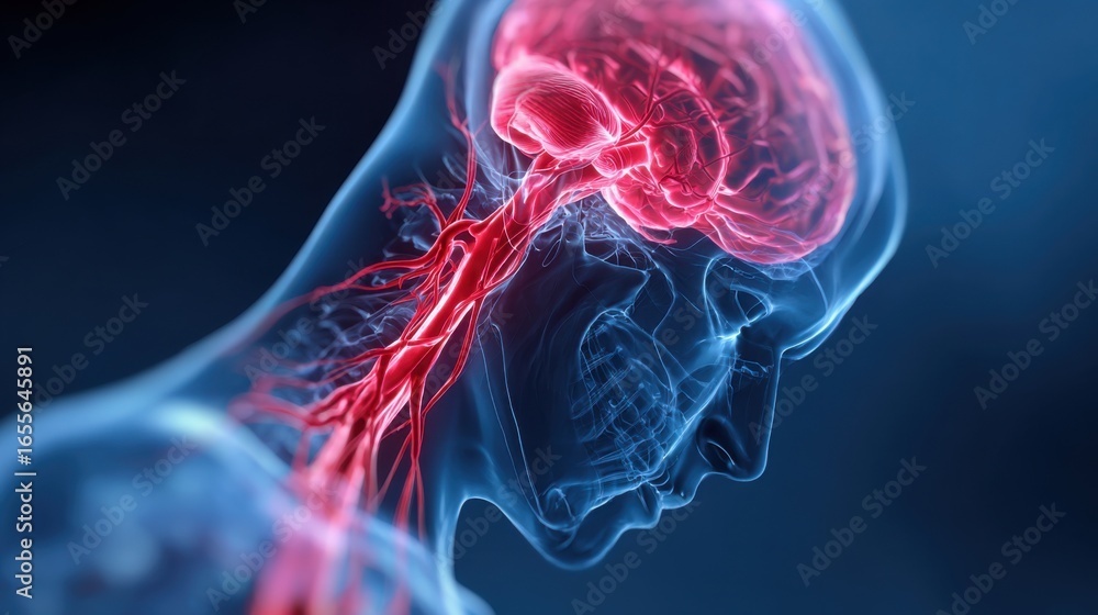 Poster an anatomical representation depicts a human head with highlighted brain and vascular structures, em