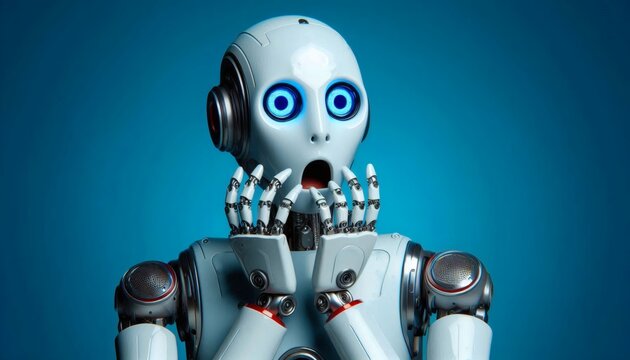 artificial intelligence ai scared frightened terrified portrait blue background shocked