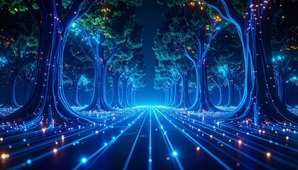 Pathway through an enchanted digital forest illuminated by neon blue data streams and glowing roots.