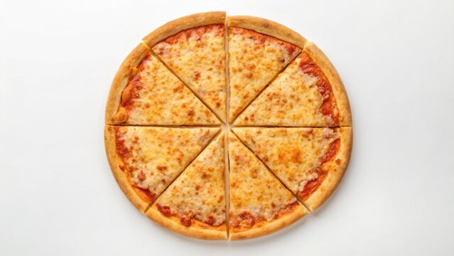 Vegan Pizza Delicious cheese pizza sliced into eight equal pieces on a white surface.