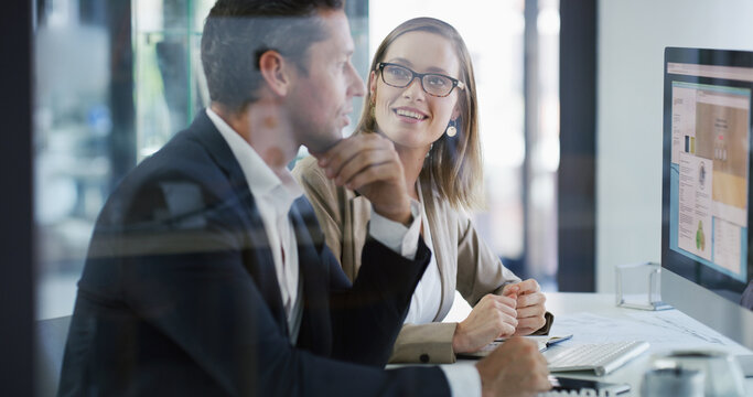 Team, computer screen or business people in office with idea, budget chart or brainstorming solution. Meeting, planning and happy advisor with monitor for stats, financial analysis or collaboration - Powered by Adobe