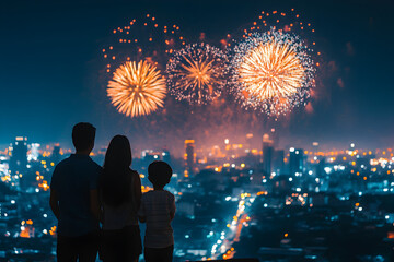 Parents and children silhouetted against sparkling fireworks in night sky, family celebration concept, festive holiday event with colorful light show and bonding under glowing atmosphere