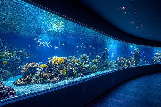 Modern aquarium museum interior design with large tropical fish tank, architectural exhibition space showcasing marine life, contemporary zoo style aquatic environment with bright lighting