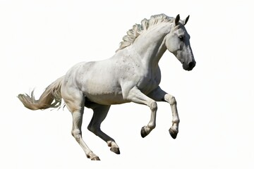 Obraz premium A majestic white horse is captured in mid-gallop, with its powerful legs extended and mane flowing, against a stark white background.