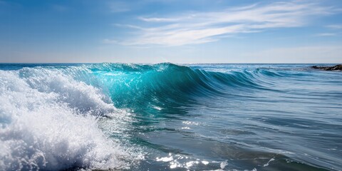 Fototapeta premium Beautiful ocean wave crashing on the shoreline with vibrant blue water clear sky sunlight reflection and scenic coastal landscape for outdoor nature photography