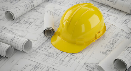 Safety helmet on scattered architectural blueprints, concept of building design and engineering work.