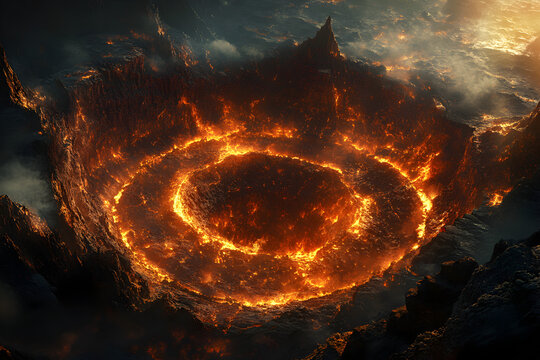 Conceptual artwork of the Nine Circles of Hell from Dante’s Inferno, dramatic underworld landscape depicting layers of eternal punishment, dark gothic fantasy inspired literary illustration