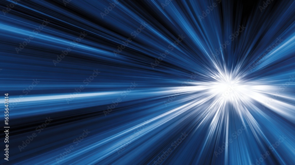 Poster bright rays of blue light radiate outward from a central point, creating an energetic and vibrant ef
