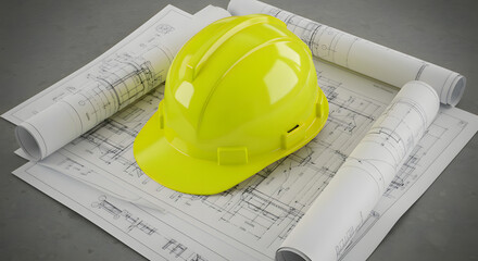 Bright yellow hard hat placed on technical drawings, representing safety in engineering and design.