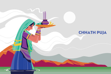 Lady offering Chhath Pooja to Sun God in traditional festival of Bihar India illustration background