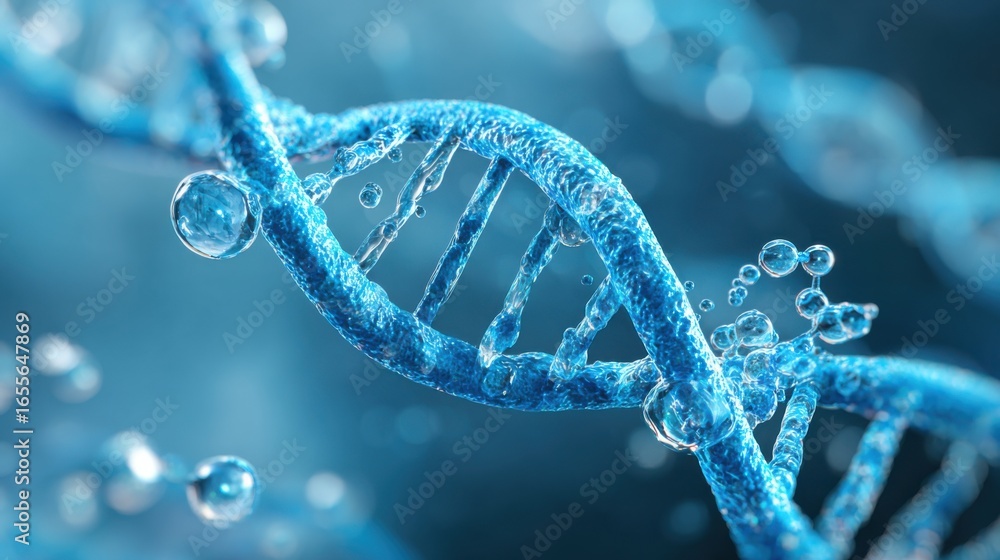 Poster bright blue dna strand is vividly displayed in water, highlighting the intricate structure of geneti