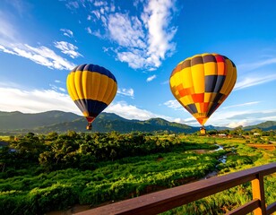 Naklejka premium Two colorful hot air balloons over a valley