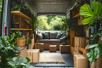Packed moving truck interior with sofa, chairs, plants, and cardboard boxes arranged inside, relocation and household transport concept ideal for moving day, delivery, and real estate imagery