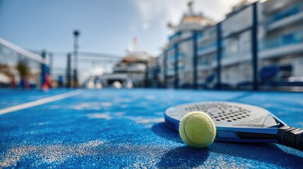 Paddle tennis court with a paddle and ball on a sunny day
