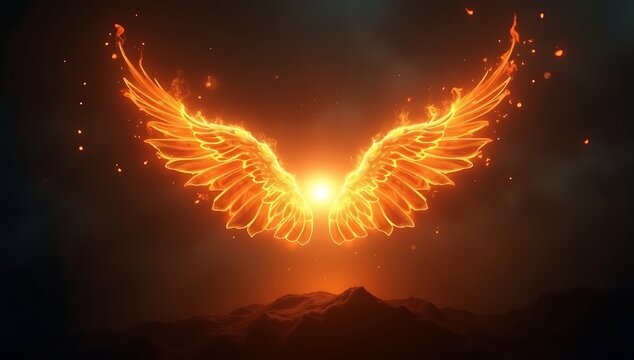 An artistic representation of &ldquo;hope as fire,&rdquo; where a small glowing flame expands into radiant wings of light, spreading across the darkness, symbolizing resilience and new beginnings, with copy space