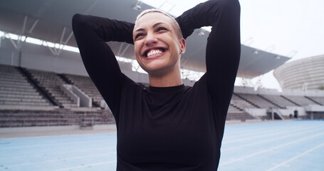 Runner, smile and fitness with woman on race track for cardio challenge, health and competition....