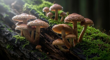 Cluster of wild mushrooms growing on an old tree trunk in natural forest light
