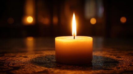 A single candle burns steadily, casting a warm glow in a dimly lit room. The soft light creates a peaceful ambiance perfect for relaxation or reflection in the evening.
