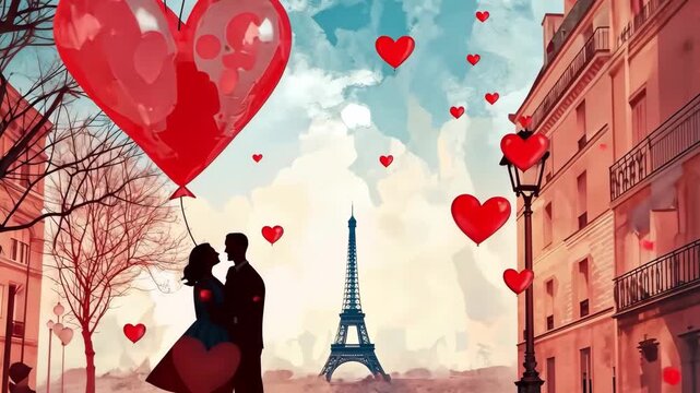 Romantic couple with heart-shaped air balloons enjoying paris views with the eiffel tower in the background. Beautiful digital illustrative video perfect for valentine's day and love-themed designs.