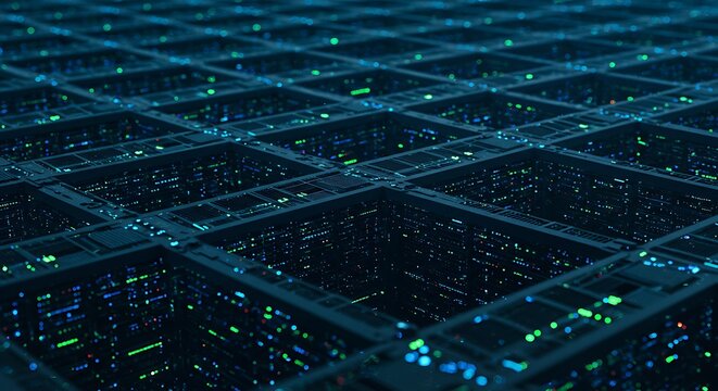 futuristic digital data network grid with glowing server connections.